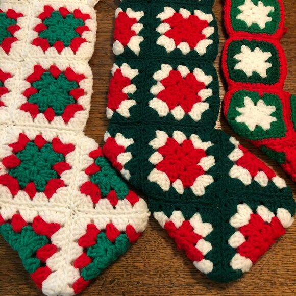 Crocheted Granny Square Christmas Stockings Dad Mom Baby MCM - Picture 2 of 6
